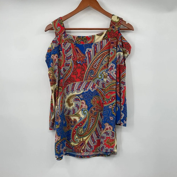 Chico's Fancy Paisley Cold-Shoulder Top Womens Size 2 Large Orange‎ Blue Paisley - Picture 8 of 11